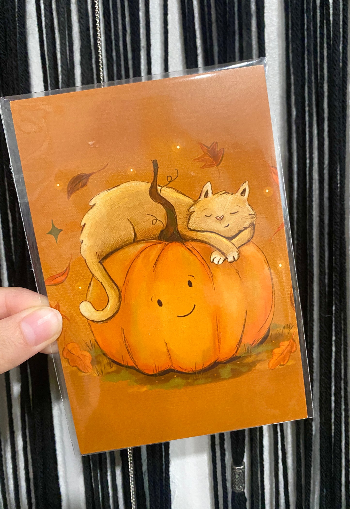 Cat and Pumpkin Snuggle Postcard