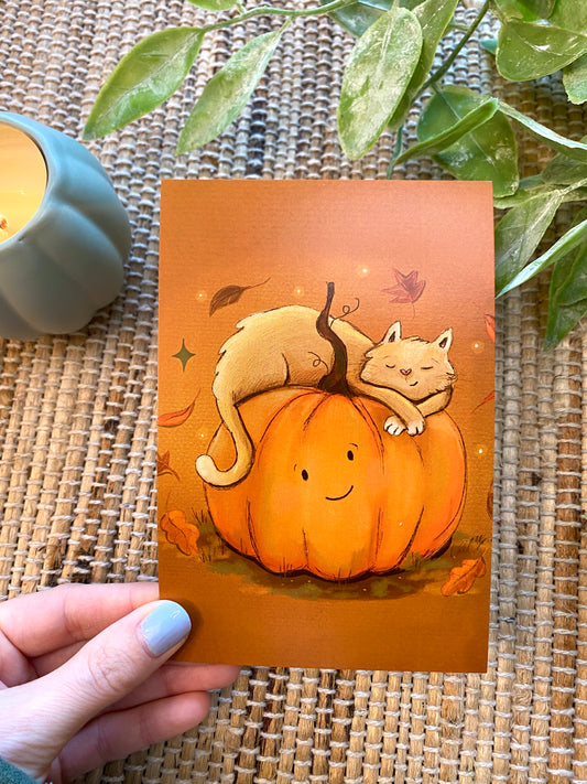 Cat and Pumpkin Snuggle Postcard