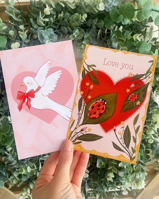 Valentines Postcard Set of 2- Love Dove & Love Bugs