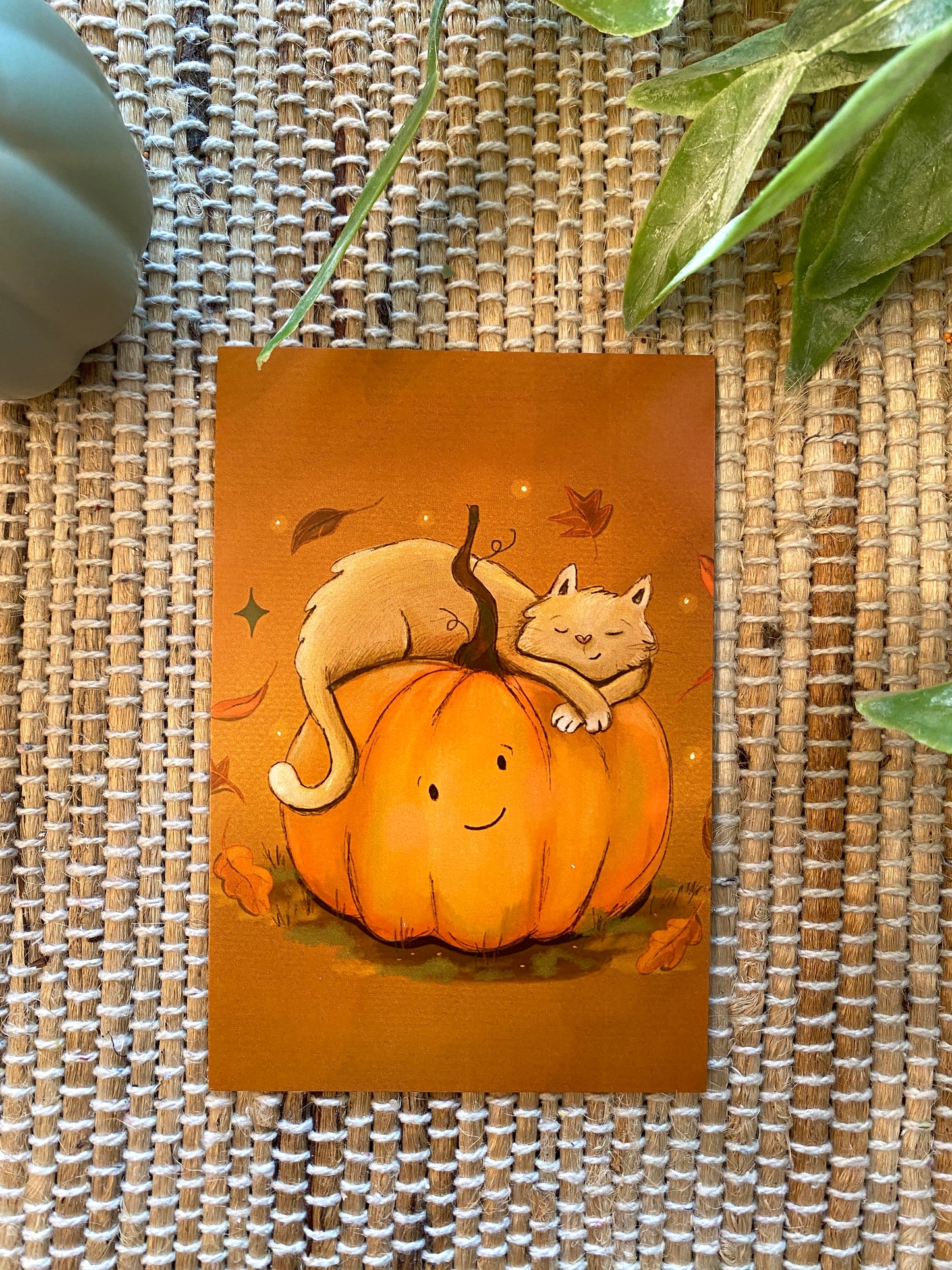 Cat and Pumpkin Snuggle Postcard